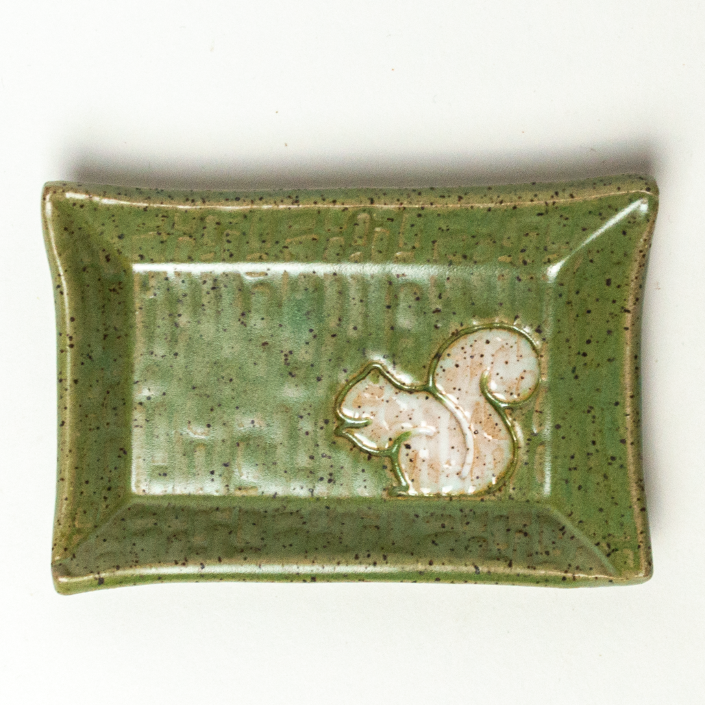 Pottery White Squirrel Handmade Ceramic Green Trinket Dish