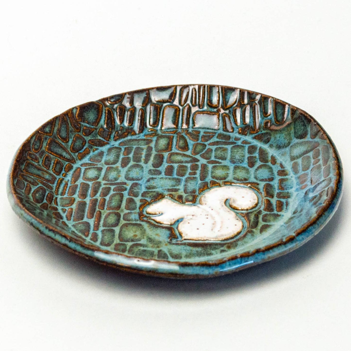 Pottery - White Squirrel Handmade Ceramic Blue Round Trinket Dish