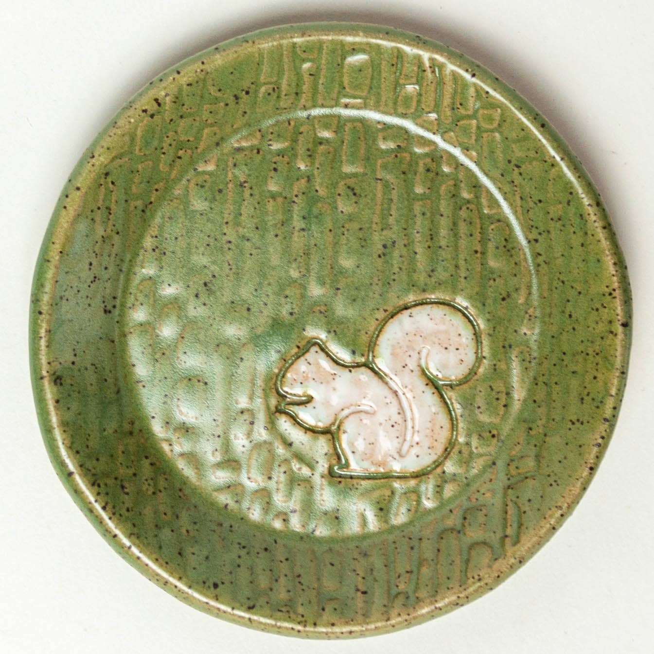Pottery - White Squirrel Handmade Ceramic Green Round Trinket Dish