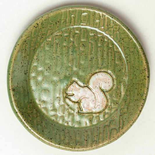 Pottery - White Squirrel Handmade Ceramic Green Round Trinket Dish