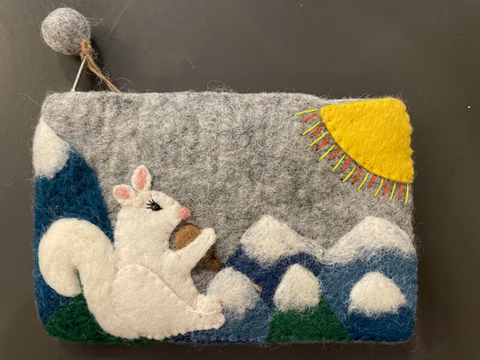 Bag - White Squirrel Hand Felted Pouch to use as Wallet or Make Up, Collectibles and Change Purse