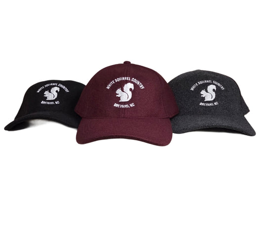 Three baseball caps in black, burgandy, and gray with a white squirrel logo and 'White Squirrel Country Brevard, NC'.