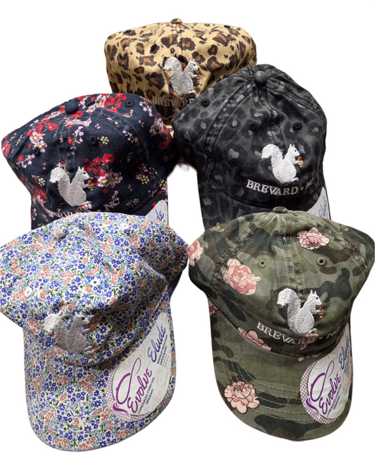 Baseball Hat and Cap in Assorted Prints with Embroidered White Squirrel and Brevard NC