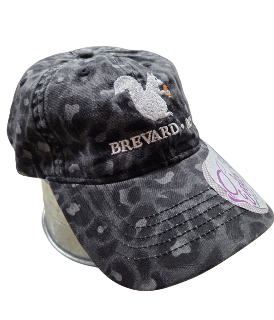 Baseball Hat and Cap in Assorted Prints with Embroidered White Squirrel and Brevard NC