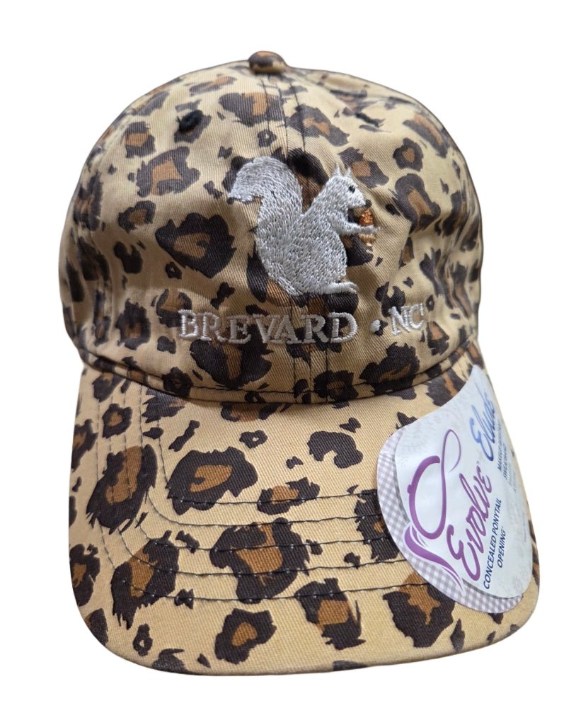 Baseball Hat and Cap in Assorted Prints with Embroidered White Squirrel and Brevard NC