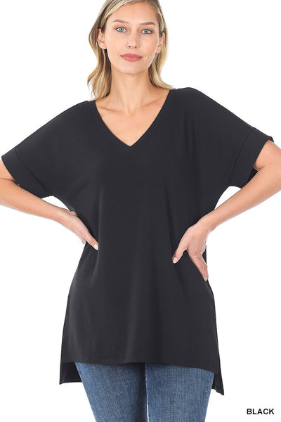 Clothing - Ladies Top Relaxed Ultra Soft V-Neck Top with Rolled Short Sleeve Hi-Lo Straight Hem