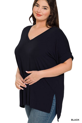 Clothing - Ladies Plus Size Top Relaxed Ultra Soft V-Neck Top with Rolled Short Sleeve Hi-Lo Straight Hem