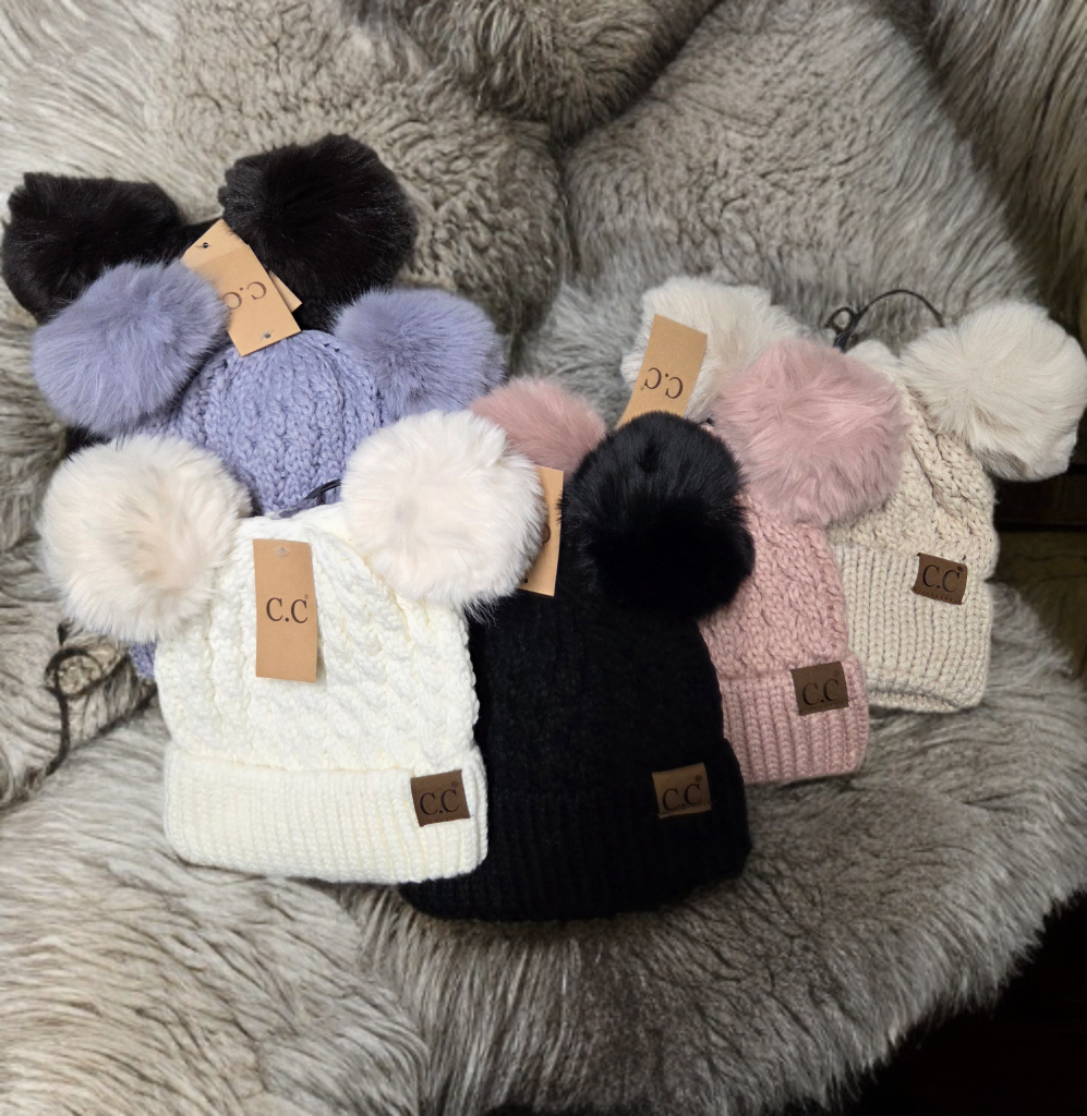 Hat - CC Double Pom Pom Beanie hat for Adult size heads in all over cable pattern in assorted colors