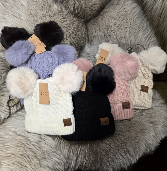 Hat - CC Double Pom Pom Beanie hat for Adult size heads in all over cable pattern in assorted colors