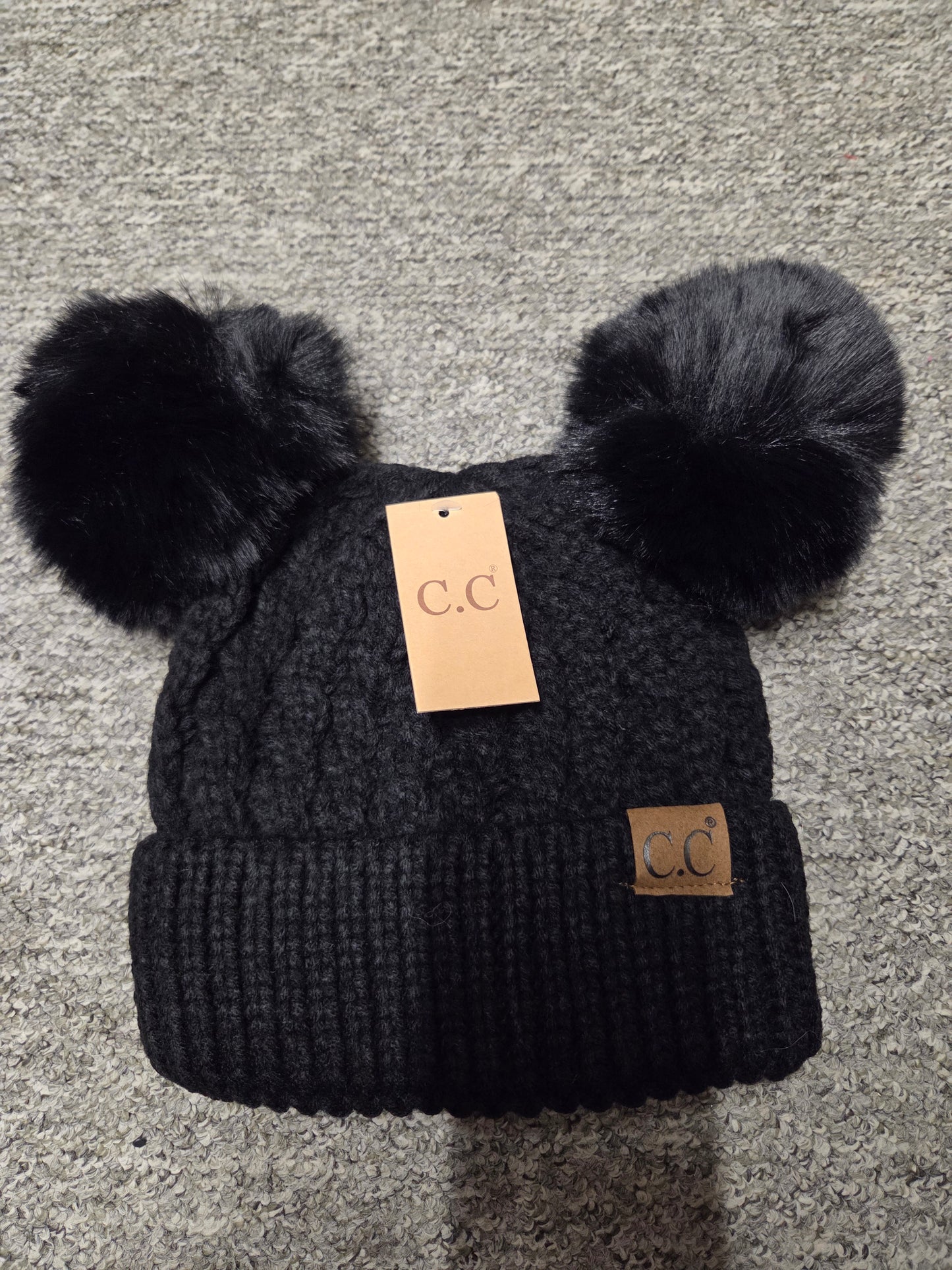 Hat - CC Double Pom Pom Beanie hat for Adult size heads in all over cable pattern in assorted colors