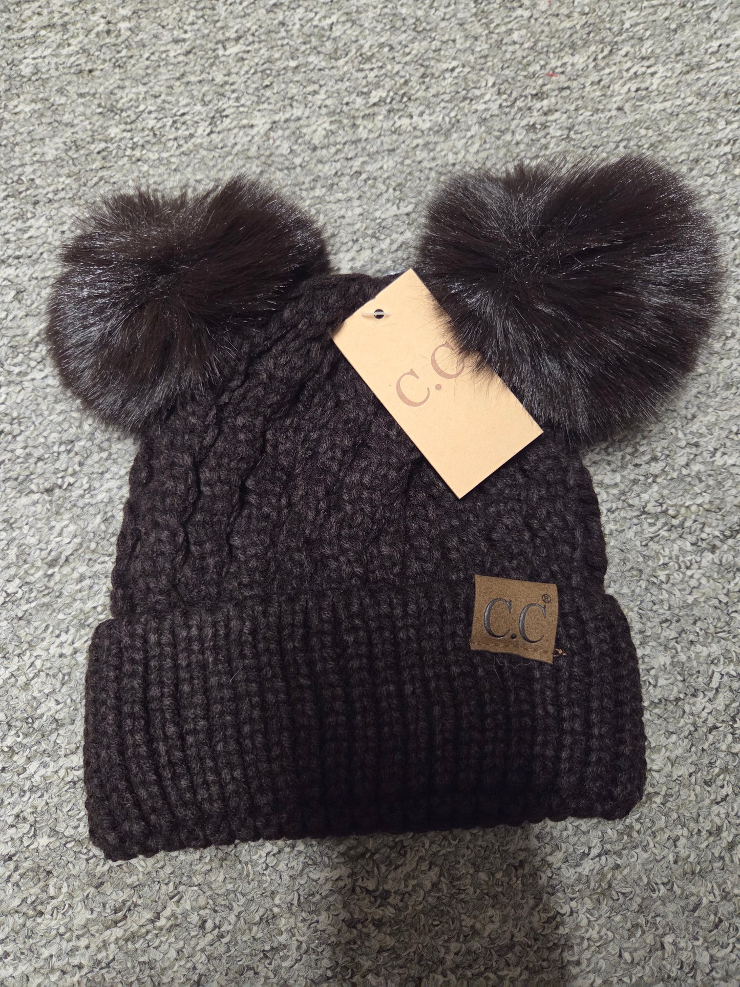 Hat - CC Double Pom Pom Beanie hat for Adult size heads in all over cable pattern in assorted colors