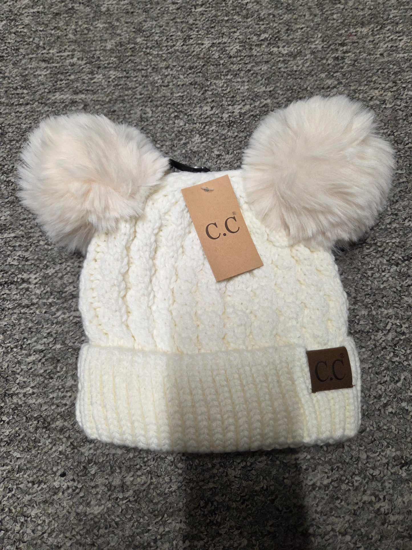 Hat - CC Double Pom Pom Beanie hat for Adult size heads in all over cable pattern in assorted colors