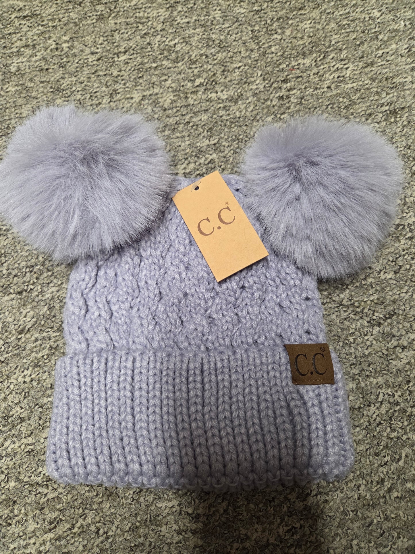 Hat - CC Double Pom Pom Beanie hat for Adult size heads in all over cable pattern in assorted colors