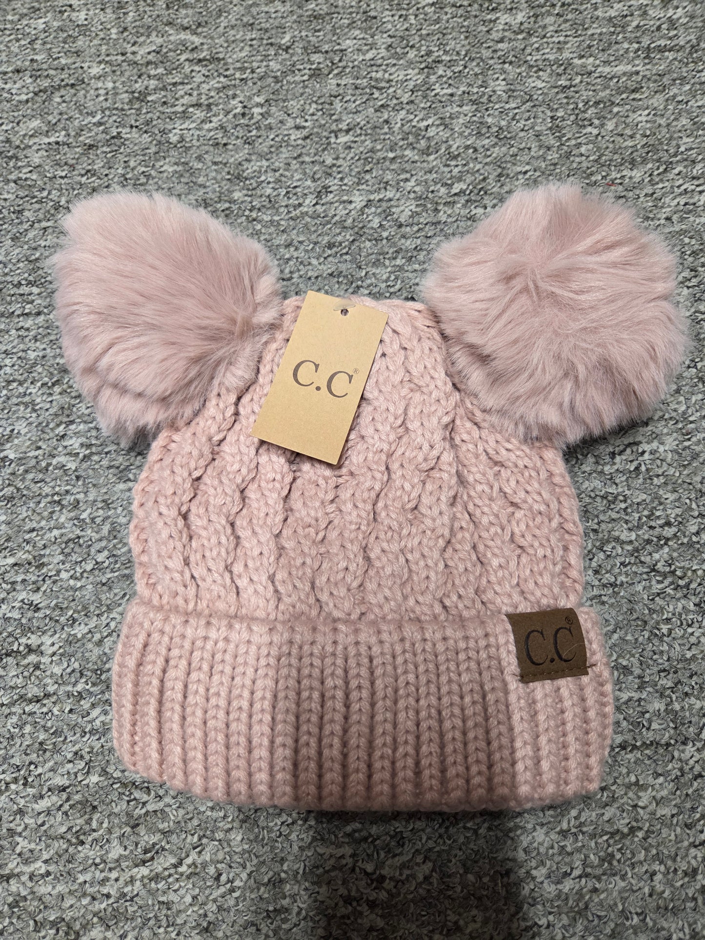 Hat - CC Double Pom Pom Beanie hat for Adult size heads in all over cable pattern in assorted colors