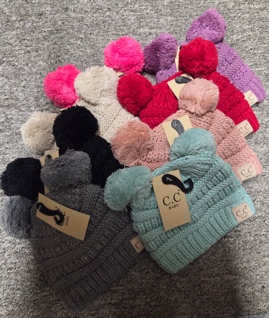 Hat - CC Baby Knit Beanie with Double Pom Pom in Assorted Colors