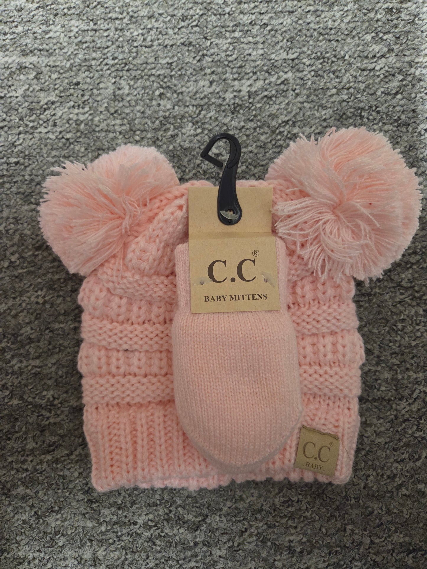 Hat - CC Baby Double Pom Pom Ribbed Design with Mitten Glove 0-9 months in Assorted Colors