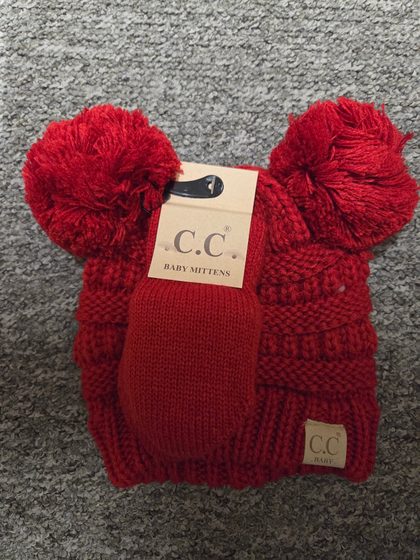Hat - CC Baby Double Pom Pom Ribbed Design with Mitten Glove 0-9 months in Assorted Colors