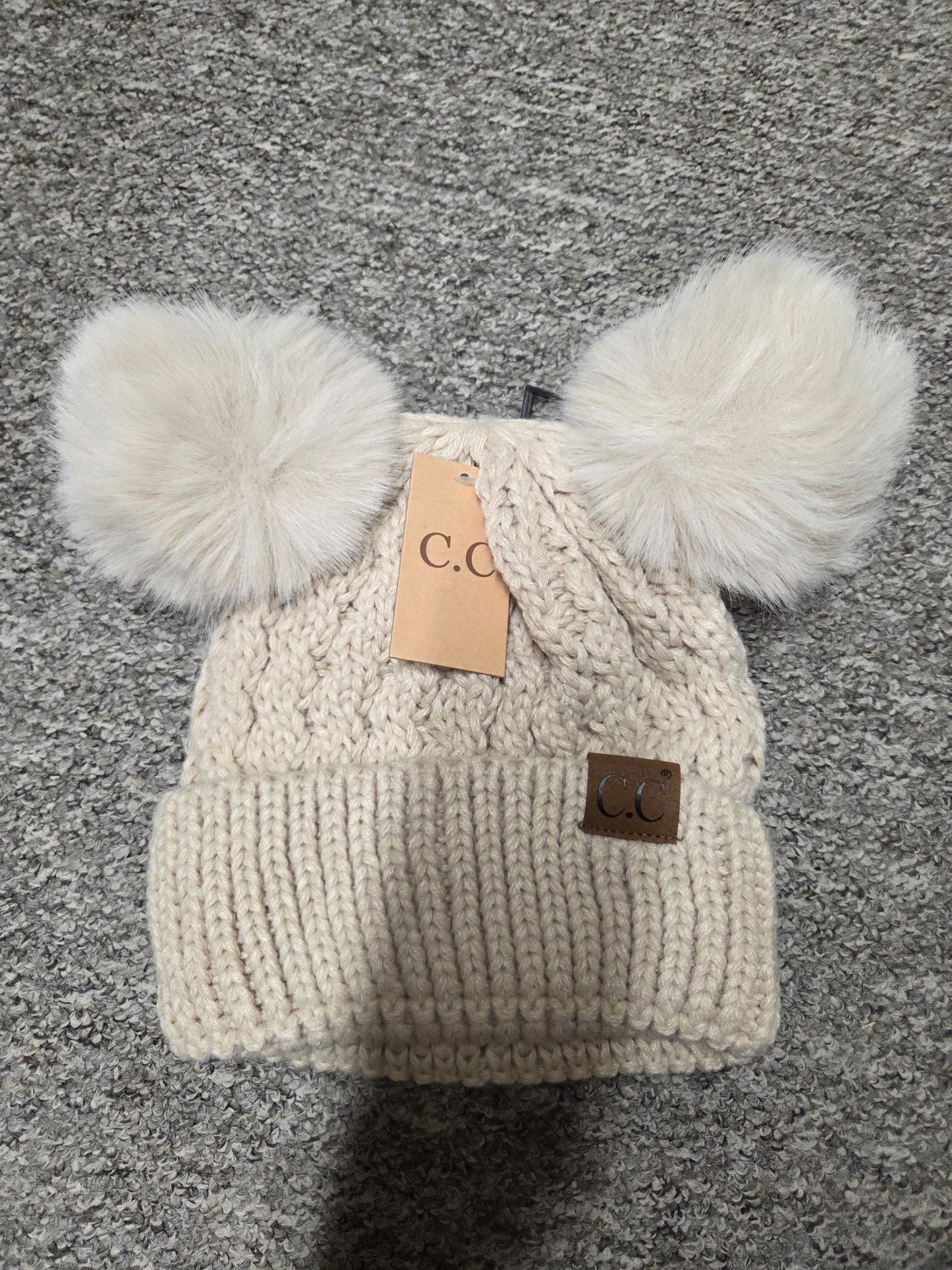 Hat - CC Double Pom Pom Beanie hat for Adult size heads in all over cable pattern in assorted colors