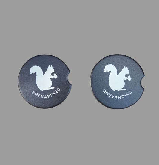 Two round car coasters with a white squirrel design and 'Brevard, NC' text.