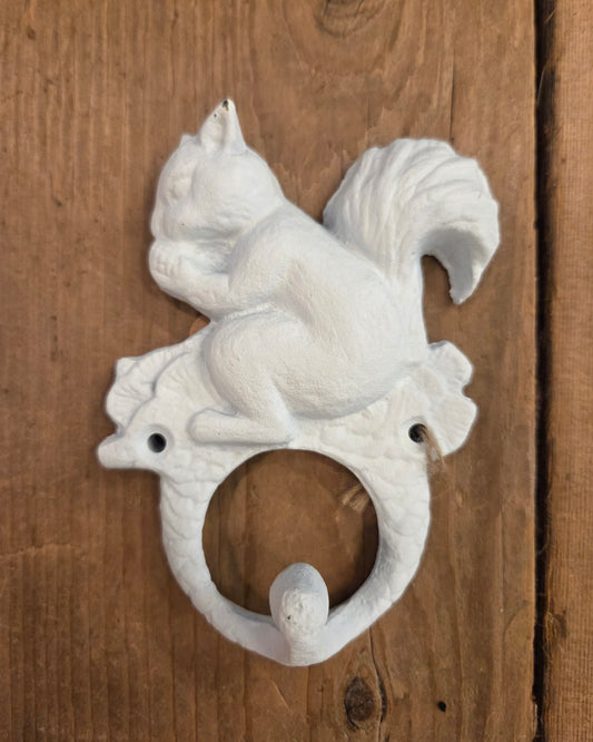 Cast Iron - White Squirrel Wall Hook - Decorative Coat Hanger for Home & Garden
