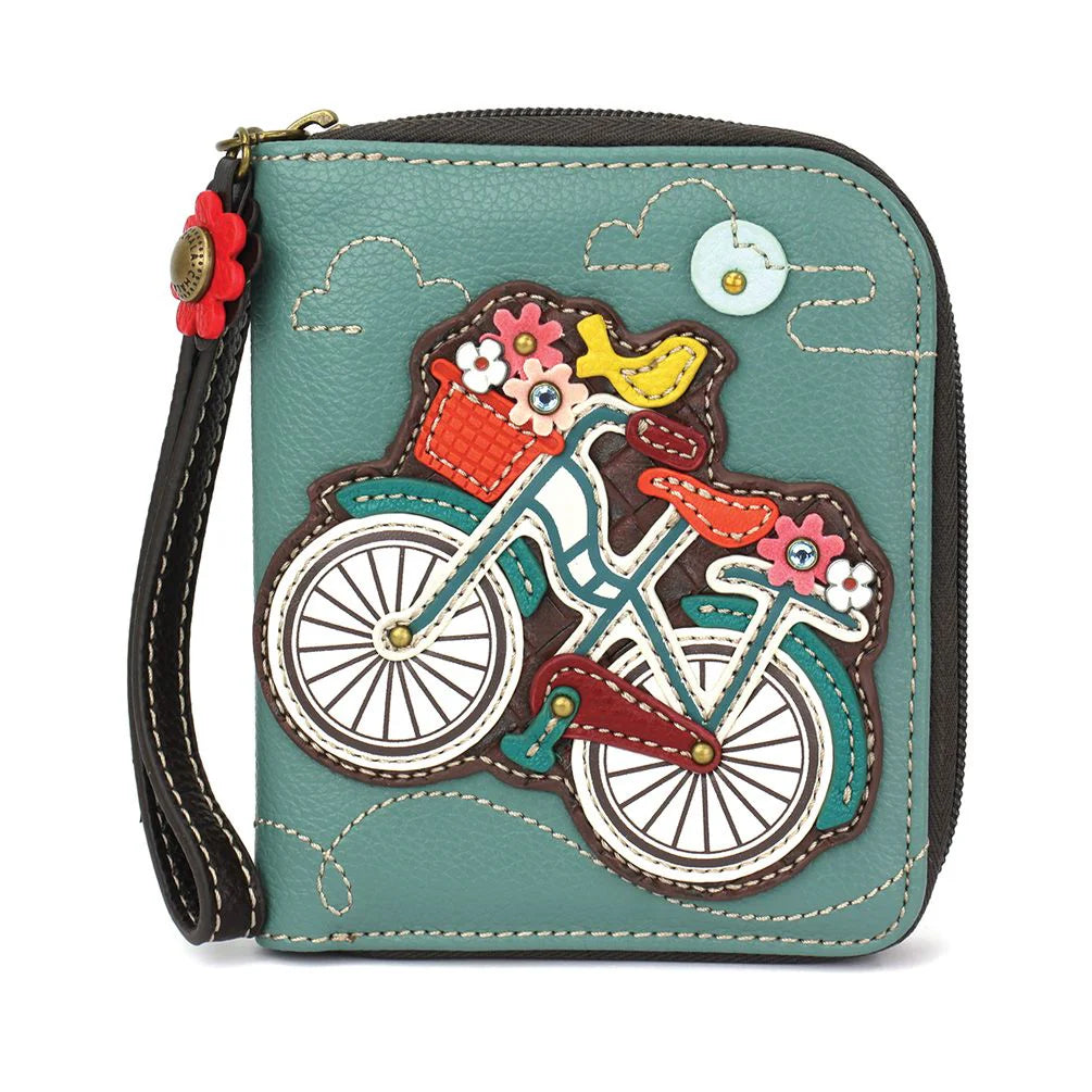 Wallet Zip Around Chala Vegan Leather Bicycle and Hummingbird
