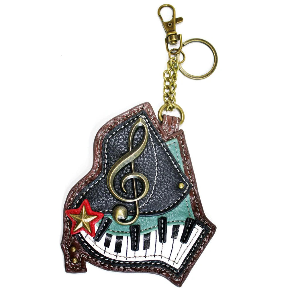 Purse Charm Key Chain Zipper Back in Sasquatch, Sunflower, Honey Bee, Piano, Hummingbird, Cardinal, Bicycle and Cross