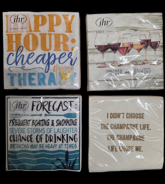 Napkins - Cocktail size for Happy Hour - Fun for Everyone - Festive Designs and Sayings