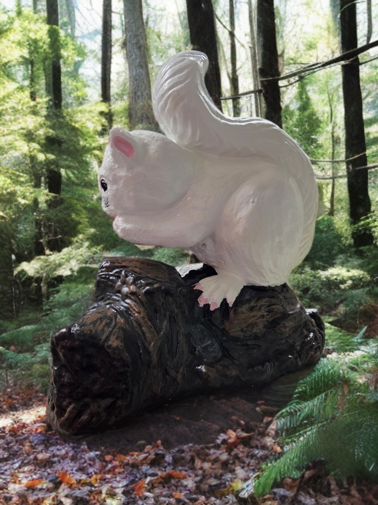 Figurine Cement - Giant White Squirrel Garden Statue on a Log - Handcrafted Concrete Outdoor Decor
