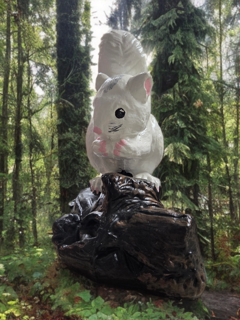 Figurine Cement - Giant White Squirrel Garden Statue on a Log - Handcrafted Concrete Outdoor Decor