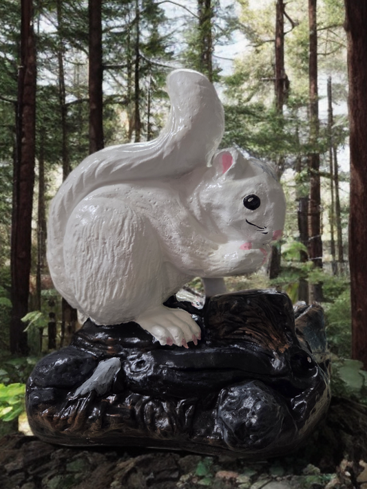 Figurine Cement - Giant White Squirrel Garden Statue on a Log - Handcrafted Concrete Outdoor Decor