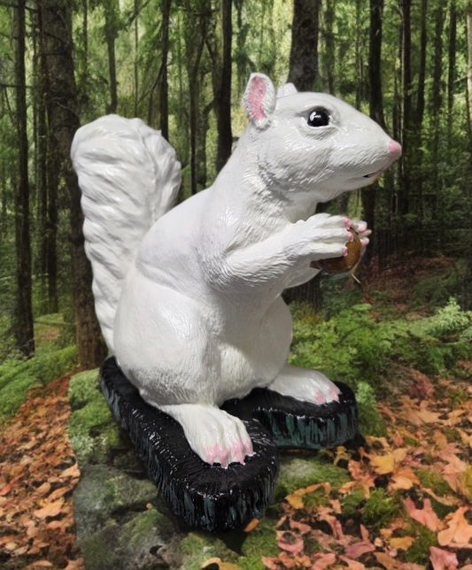 Figurine Cement - Large White Squirrel Garden Statue with acorn - Handcrafted Concrete Outdoor Decor