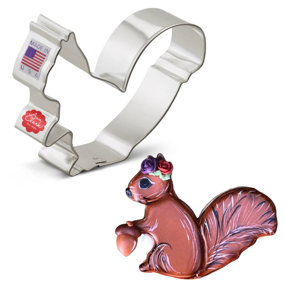Squirrel-shaped cookie cutter with 'Made in USA' label on a white background