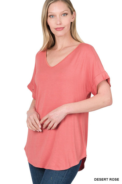 Clothing - Top - For Ladies -  Luxe Rayon Short Sleeve V-Neck with Round Hem