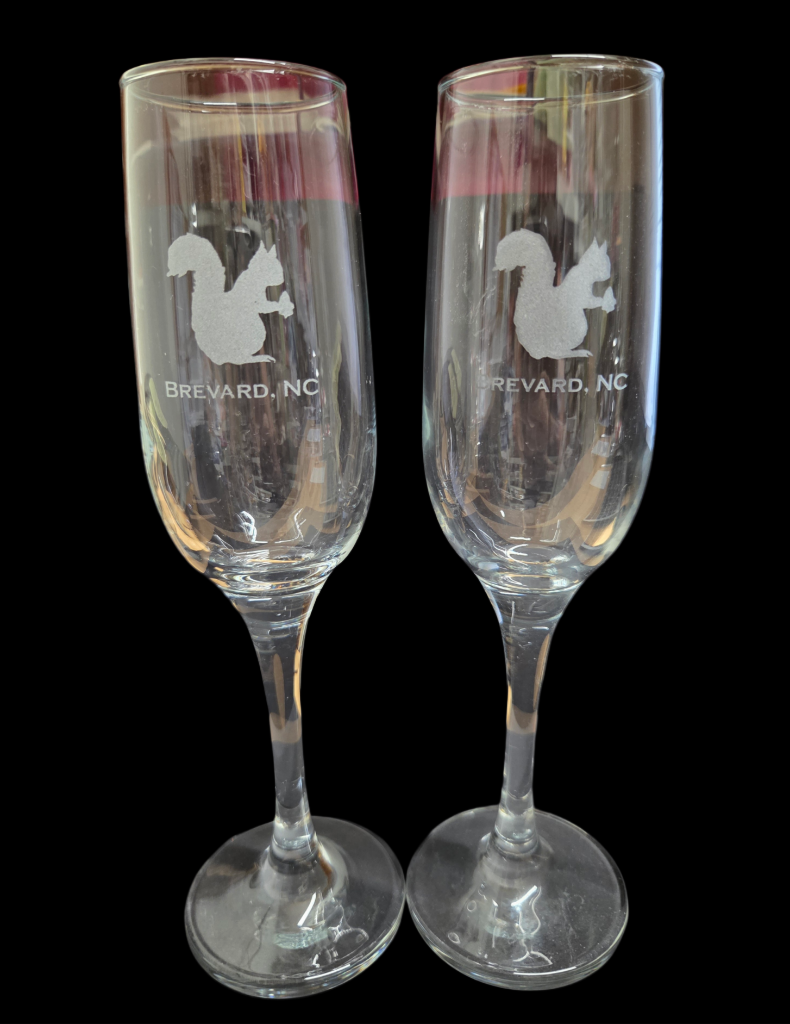 Drinkware - Champagne Glass with Etched White Squirrel with Brevard NC 7 ounces