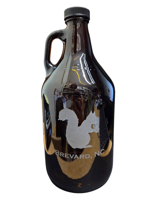 Drinkware - Growler Amber Glass with Etched White Squirrel Brevard NC 64 ounces