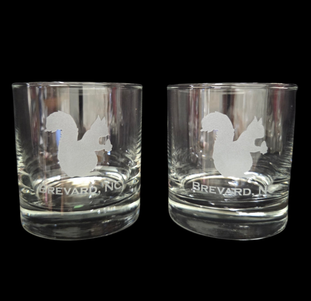 Drinkware - Whiskey Glass - Etched White Squirrel Brevard NC - Multiple Size Options