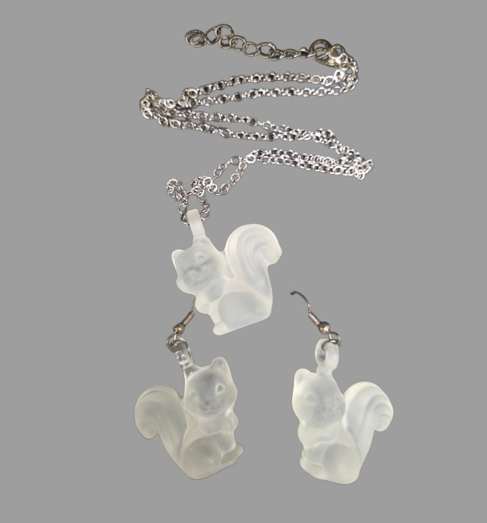 Jewelry - Earrings - Necklace - Set - Glass Frosted White Squirrels