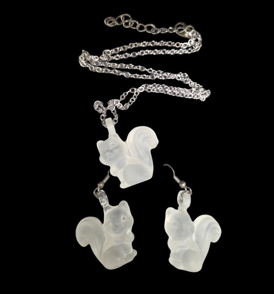 Jewelry - Earrings - Necklace - Set - Glass Frosted White Squirrels