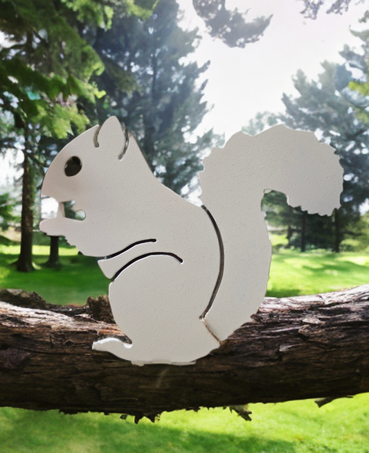 Metal Garden Art - White Squirrel Nibbling a Nut - Deck Screw-On 9" Wide x 7" High