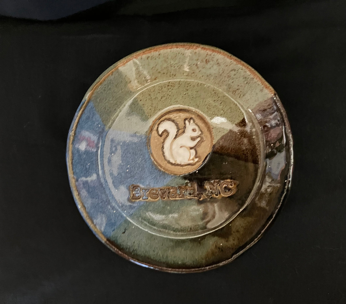 Handmade Tea Strainer Plate - Handcrafted White Squirrel Pottery Tea Strainer Plate with White Squirrel and Brevard, NC
