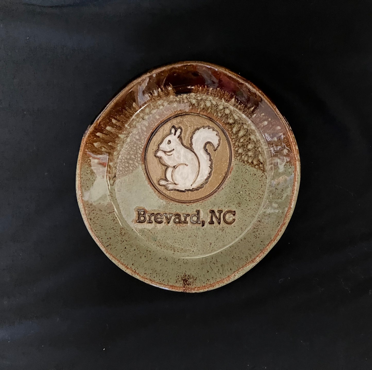 Handmade Tea Strainer Plate - Handcrafted White Squirrel Pottery Tea Strainer Plate with White Squirrel and Brevard, NC