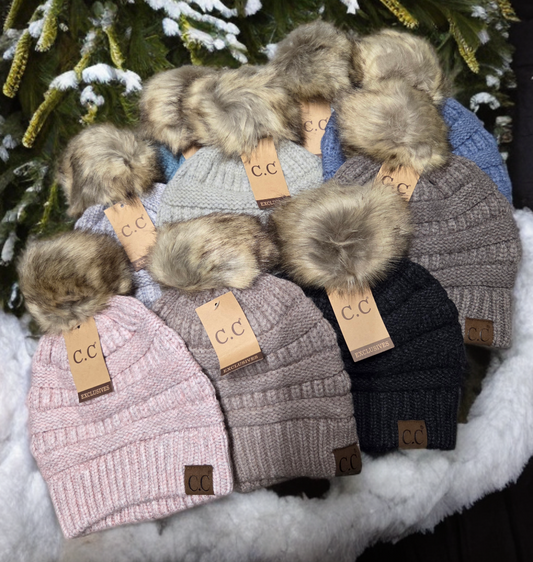 Hat - CC Mixed Soft Yarn with Natural Pom Pom Beanie for Adult Size Heads