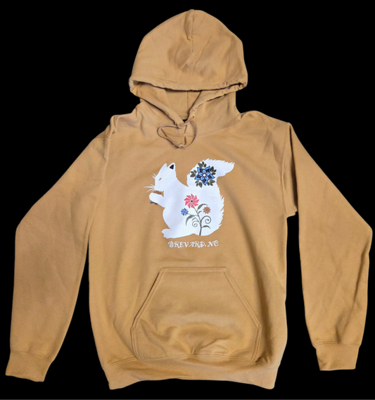 Hoodie - Adult - White Squirrel Floral Design - Old Gold