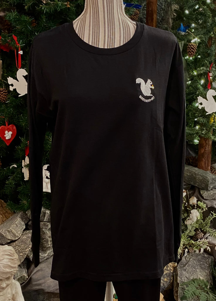 T-Shirt - Long-Sleeve Black Tee 100% Cotton  with Embroidered White Squirrel Logo