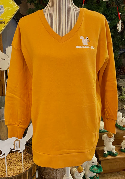 Sweatshirt - For Adults - V-Neck Sweatshirt with Raglan Sleeves and Embroidered White Squirrel Patch on Left Chest