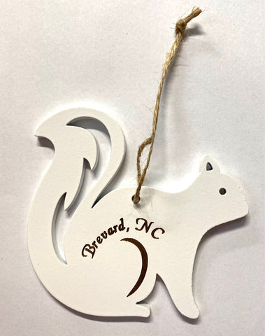 Ornament - Laser Cut Wood - White Squirrel with a Hollow Tail & Brevard, NC