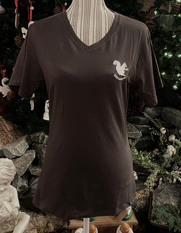 T-Shirt - For Adult Women - Short Sleeve Slightly Fitted V-Neck in Greige with an Embroidered White Squirrel