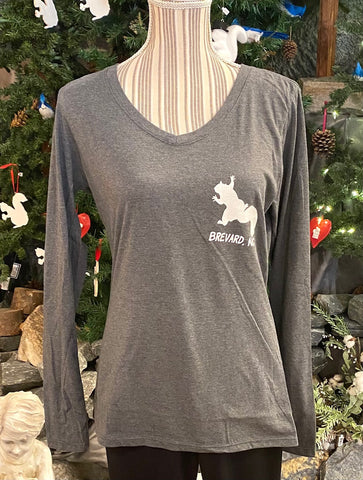 T-Shirt - For Adult Women - Dark Heather Gray -  Long-Sleeve V-Neck with "I've Got Your Back and Your Birdseed"