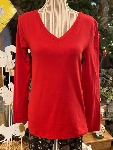 Clothing - Top - For Ladies - Regular Size Long Sleeve Cotton V-Neck with Straight Hem