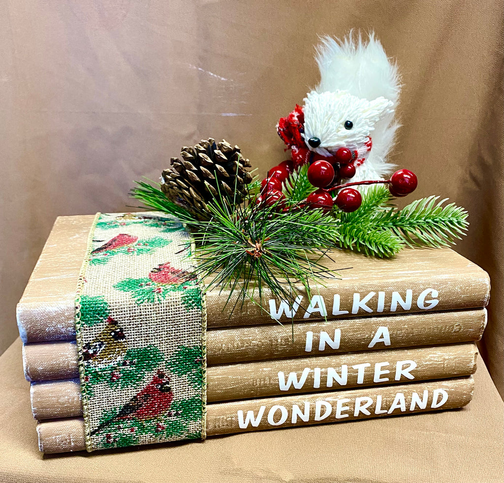 Home Decor - Hand-Crafted Book Stack Embellished with White Squirrel